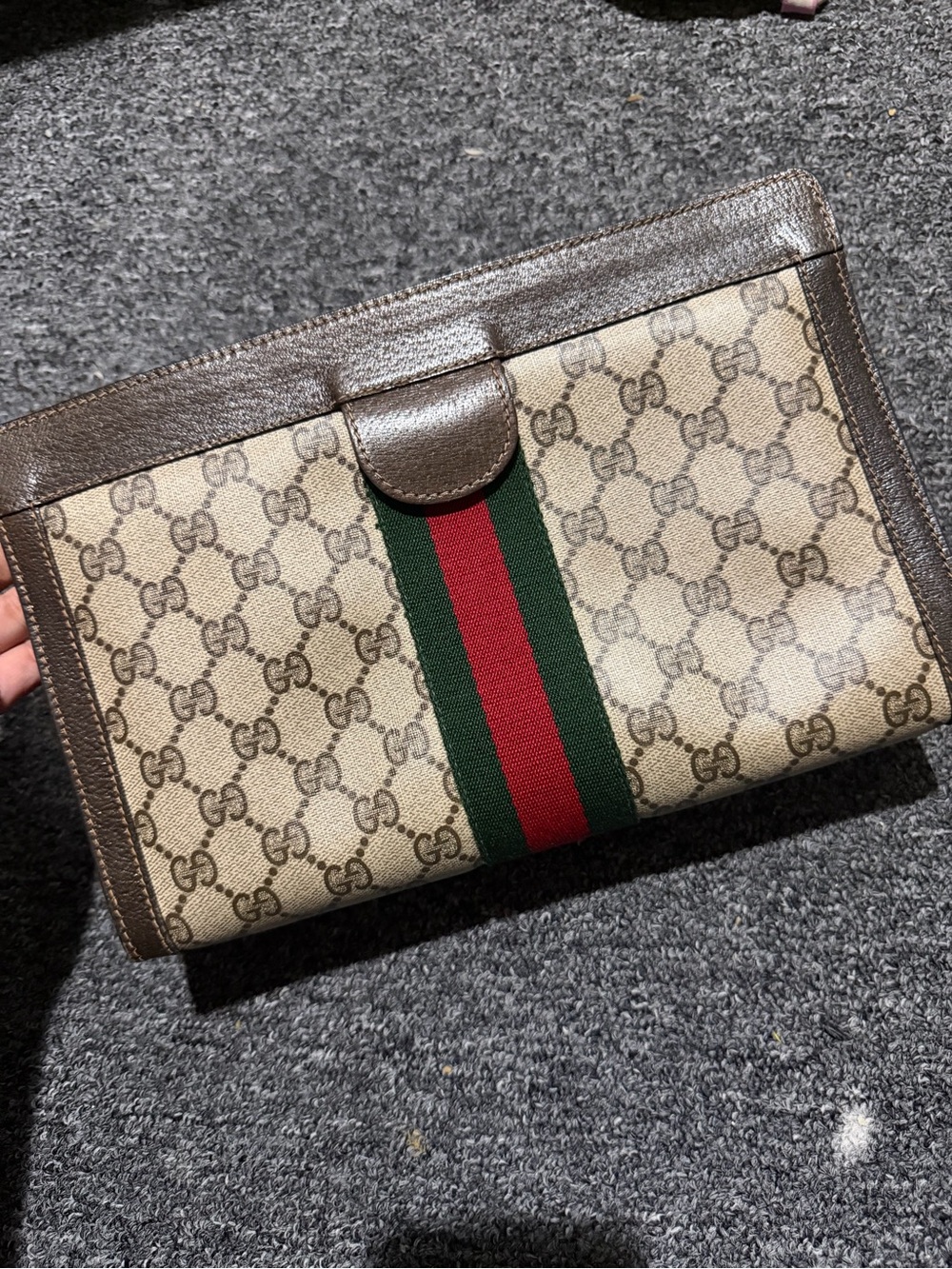 Gucci GG Supreme Web Stripe Clutch in Brown/Tan